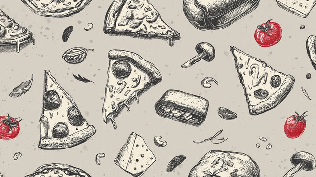 Seamless pattern of hand drawn pizza slices and ingredients.