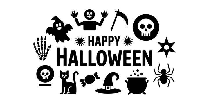Happy halloween greeting text with black icons of ghost skull cat spider witch hat and cauldron isolated on a clean plain white background Vector, illustration