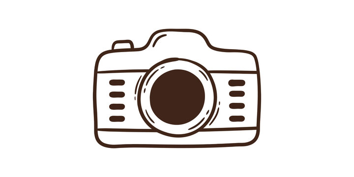 Hand drawn doodle style camera icon with simple brown lines.