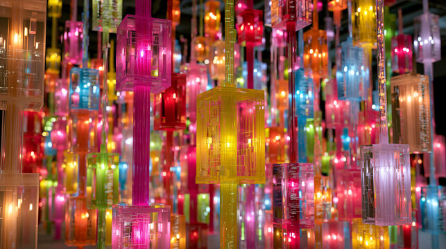 Vibrant Neon Lanterns Illuminating Digital City Street