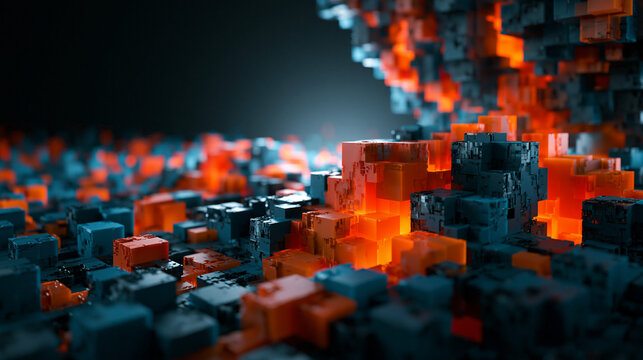 Abstract Digital Data Blocks with Glowing Orange Light