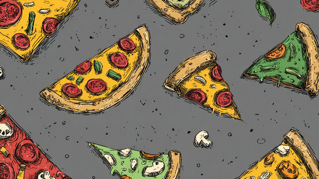 Colorful hand drawn pizza slices pattern on grey background.