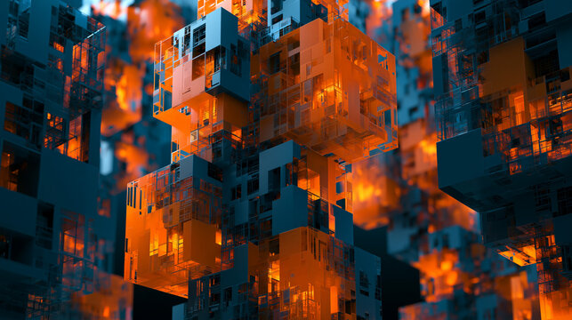 Abstract 3D Isometric City Architecture Glowing at Dusk