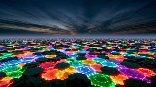 Neon Glowing Hexagons Digital Network Landscape