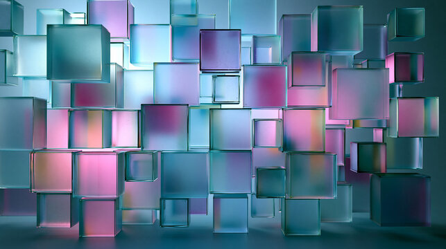 Abstract Glass Cube Blocks Colorful Digital Wall Installation