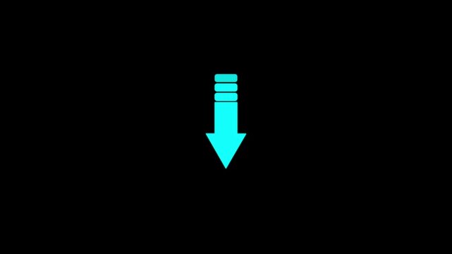 Cyan blue arrow pointing downwards with three horizontal bars at the isolated on a black background for digital interface navigation