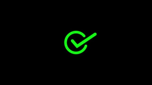 Bright neon green check mark inside a circle isolated on a black background for digital user interface and task completion status