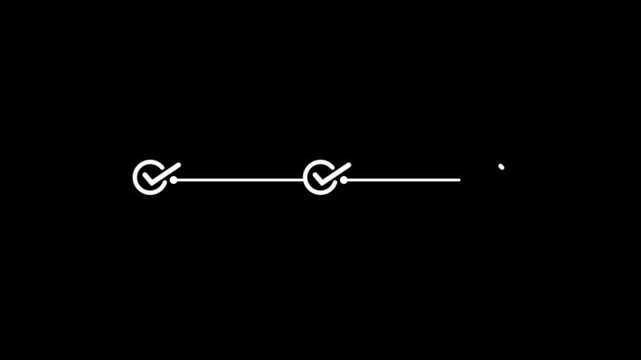 White check mark inside a circle connected to a horizontal line and a semi circle on a black background for digital progress indicators