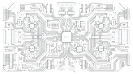 Obraz premium Detailed digital circuit board diagram featuring integrated processor chips and complex electrical pathways for computing systems