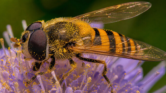 Hoverfly Covered in Pollen on Purple Flower