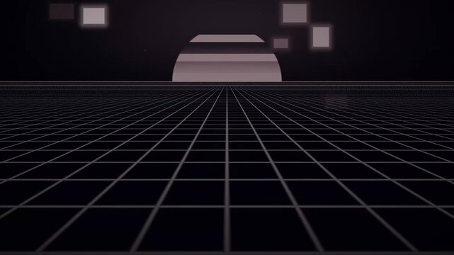 Retro vaporwave grid floor stretching to a glowing synthwave sun in a seamless loop.