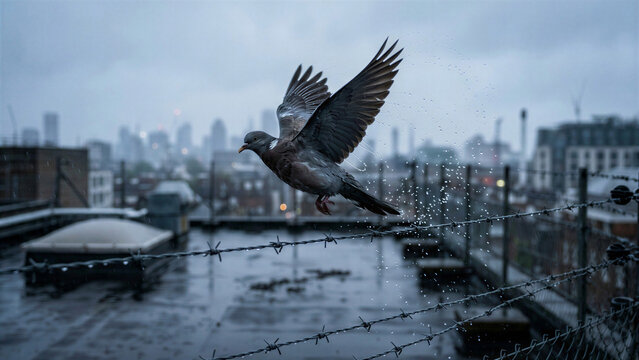 A gray pigeon flies over rusted barbed wire on a wet concrete rooftop under a rainy, gray sky with a blurry cityscape in the background.