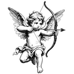 A classic cherub with wings aiming a bow and arrow  evokes illustration hand drawn engraving style
