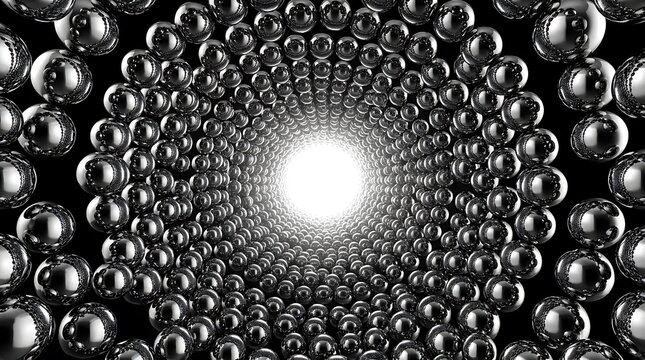 Abstract tunnel of chrome spheres. Metallic balls forming a 3D geometric vortex pattern.