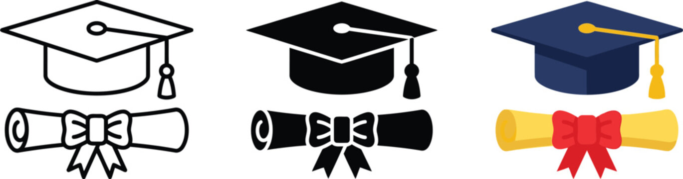 Graduation hat with diploma icon set. Student hat with academic degree certificate vector illustration. College, school and university graduation ceremony concept
