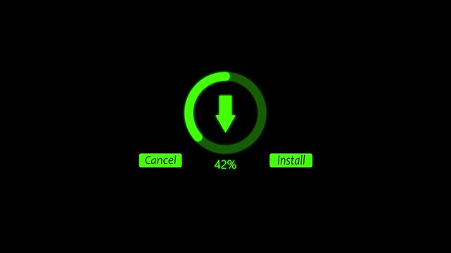 Glowing green digital install progress bar interface with a circular loading indicator and a downward arrow on a black background