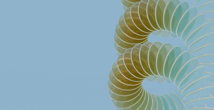 Abstract Golden Transparent Spiral Tube 3D Render on Soft Blue Background Design