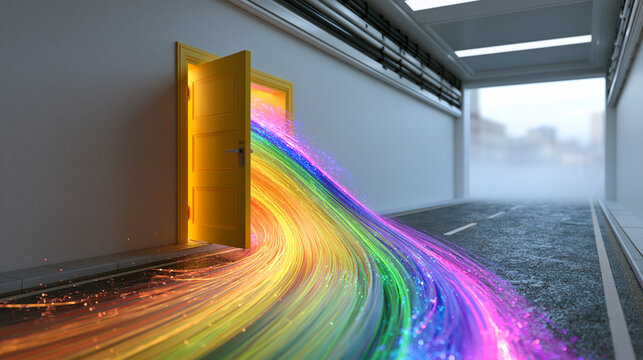 Rainbow Light Flowing Through Open Golden Door