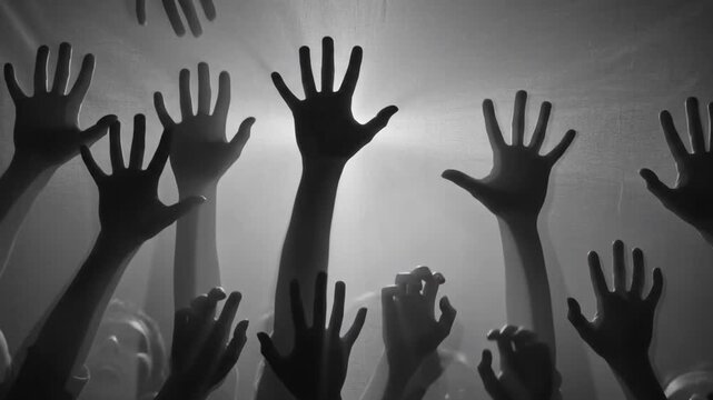 Silhouettes of multiple hands reach upward through a translucent sheet toward a bright light in the darkness. Conceptual scene of fear, zombie apocalypse, salvation, and a mystical horror atmosphere.