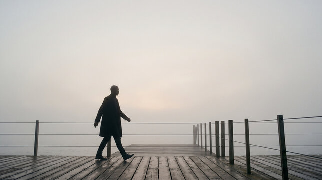 Man Walking Alone on Wooden Pier in Fog