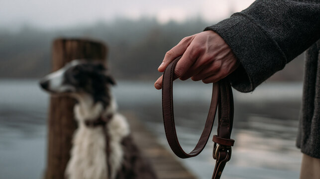 Person Holding Dog Leash by Water