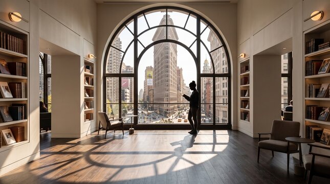 Businessman Contemplating City View from High-Rise Library Office