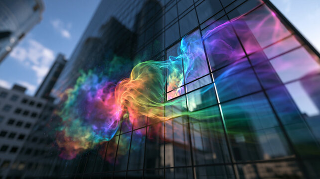 Colorful Energy Waves Flowing Through Modern Glass Building