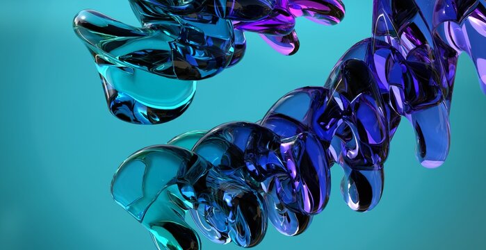 Abstract Glass Bubble Chain 3D Render on Bright Cyan Modern Background Design