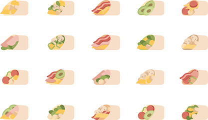 Fototapeta premium Collection of minimal flat vector icons showing various burrito wraps and sandwich rolls with diverse fillings