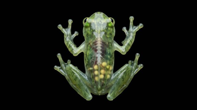 top down view of glass frog isolated on black background video