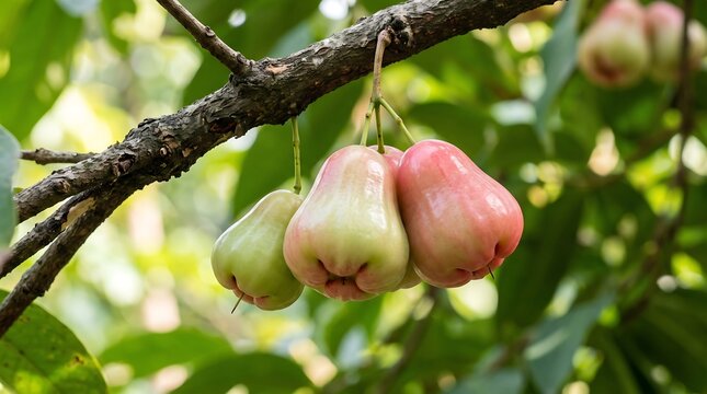 Fresh rose apples hanging on a tree branch. Ripe wax apples growing in a tropical garden.