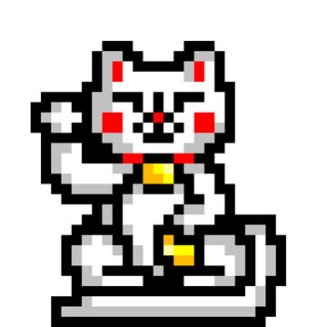 Maneki neko cartoon cat. Pixel art style illustration. Icon, traditional asian symbol.