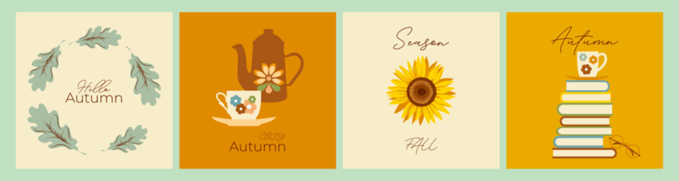 Warm autumn home decoration or greeting card designs collection with teapot, coffee, sunflower, books end leaf wreath. Vector illustration set cozy, seasonal, homey and nostalgic decor 
