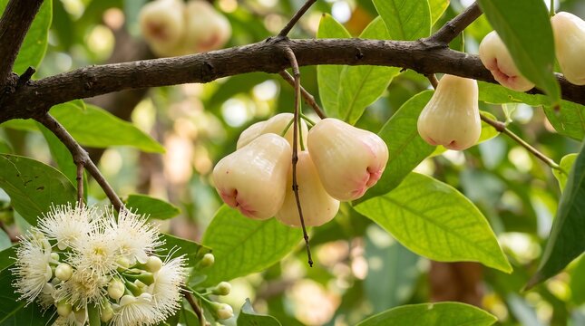 Fresh wax apples hanging on a tree branch. Ripe rose apples growing in a tropical garden.