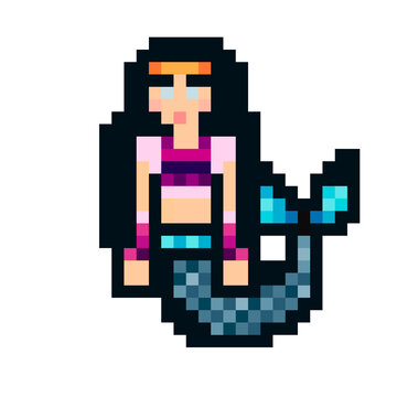Pixel art mermaid. Myth and culture. Ocean creature. Mythology, fairy tales, game dev. 