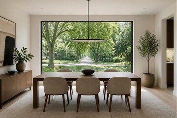 Fototapeta premium A dining area has a large table with six chairs. The space has large windows that show a tree-lined street outside. The sunlight brightens the room.