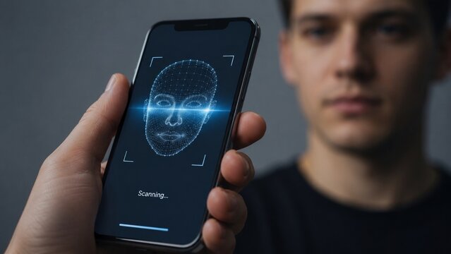 Close-up of a smartphone performing facial recognition to authenticate a user. Face ID biometric security technology with 3D facial scan on a mobile device. Identity verification, cybersecurity, secur