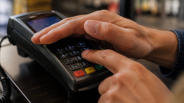 Close-up of a customer entering a PIN code on a payment terminal during a card transaction. Secure payment authentication at a retail checkout using a POS device. Contactless commerce, banking securit
