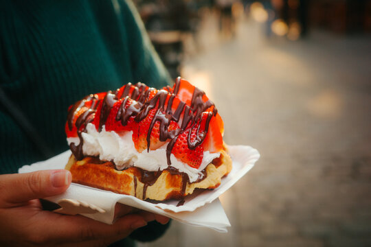 Belgian waffle with strawberries in Brussels