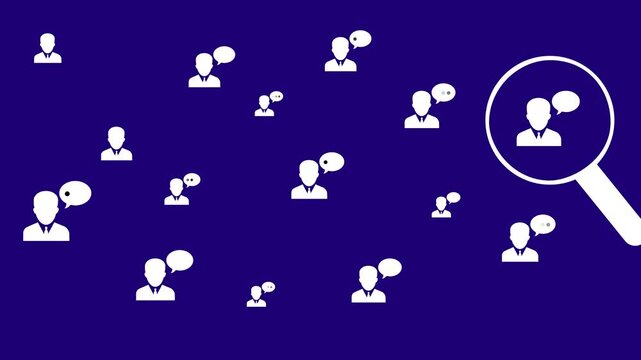 Sentiment analysis concept, search with zoom in and out animation. with user icon and chat bubbles. AI opinion mining, customer feedback evaluation, emotion detection, social media analytics.