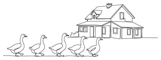 Row of geese walking in front of farmhouse cottage continuous line art minimalist vector illustration © ----WWWLINE----