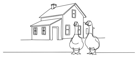 Two geese in front of farmhouse rural landscape continuous line art drawing minimalist vector © ----WWWLINE----