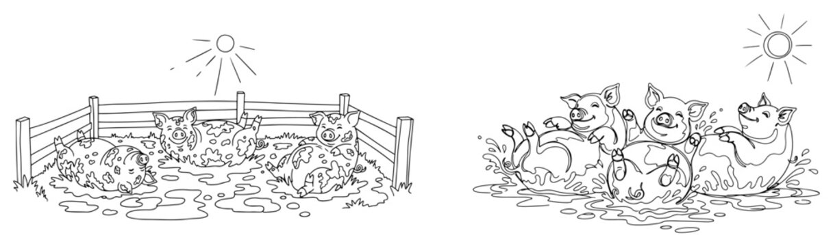 Happy pigs playing in mud and splashing water set line art vector illustration for coloring book