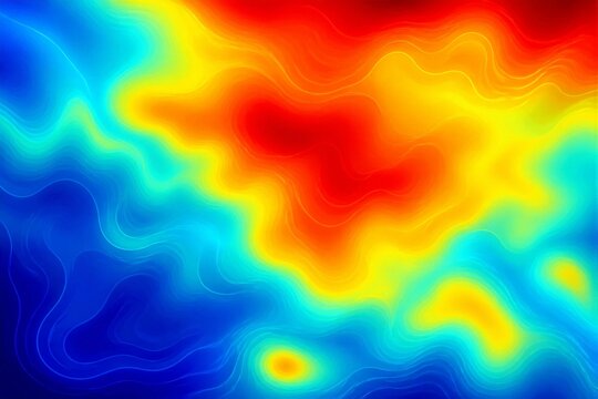 The design features bright colors flowing together in smooth lines. Red, orange, yellow, blue, and green blend to create an abstract scene. This artwork draws the eye with its vibrant patterns.