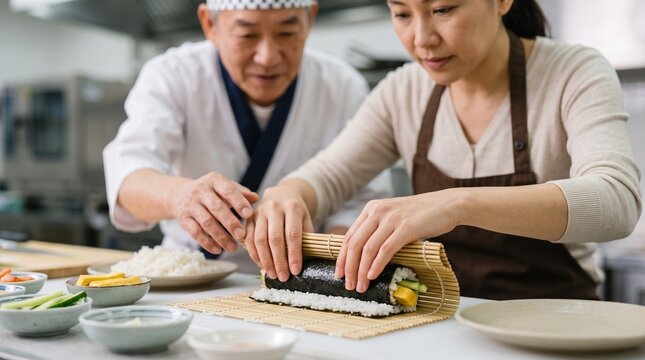 Japanese sushi rolling class, learner shaping maki with bamboo mat, close hands-on culinary workshop with instructor guidance