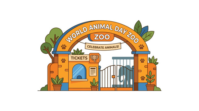 World Animal Day Zoo Entrance Archway with Elephant Silhouette and Tickets Booth
