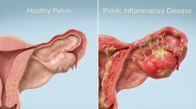 Pelvic Inflammatory Disease vs Healthy Pelvis Anatomy 3D Illustration