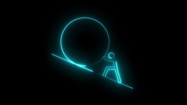 Glowing Neon Person Pushing Giant Rock Icon Symbolizing Business Struggle, Persistence, Continuous Effort, Overcoming Challenges and Success Journey 4K Motion Graphics..