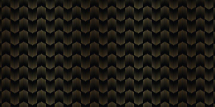 Gold chevron line pattern background on dark black texture. Vector illustration of abstract luxury art deco zig zag lineart pattern, elegant metallic golden line wallpaper template.