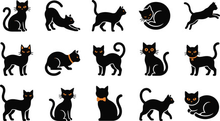 Fototapeta premium Set of various black cat silhouettes in different poses for halloween holiday decorations and spooky graphic design projects